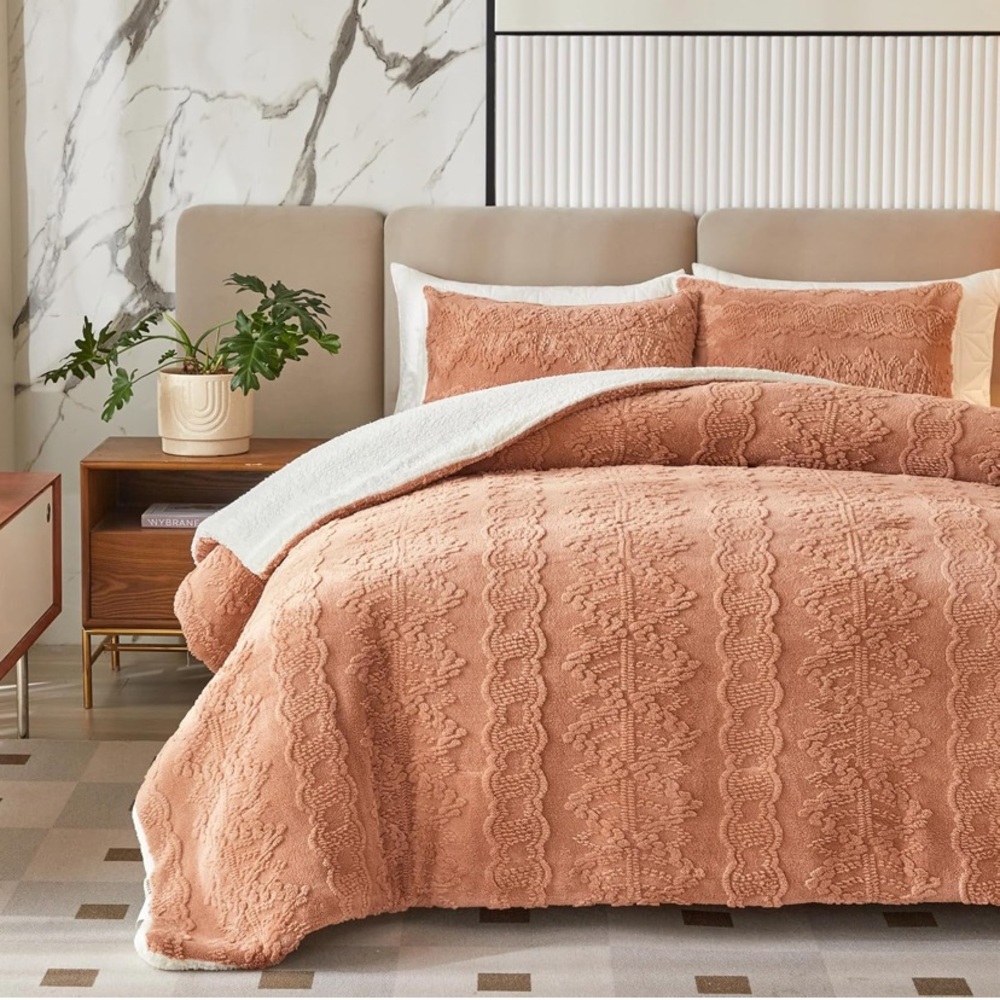 Flannel Fleece Sherpa Comforter Set Queen Size, Down Alternative Comforter Coral